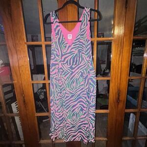 Anne Klein Dress Women's 12 Zebra Abstract V-neck Midi Sundress Navy Pink EUC